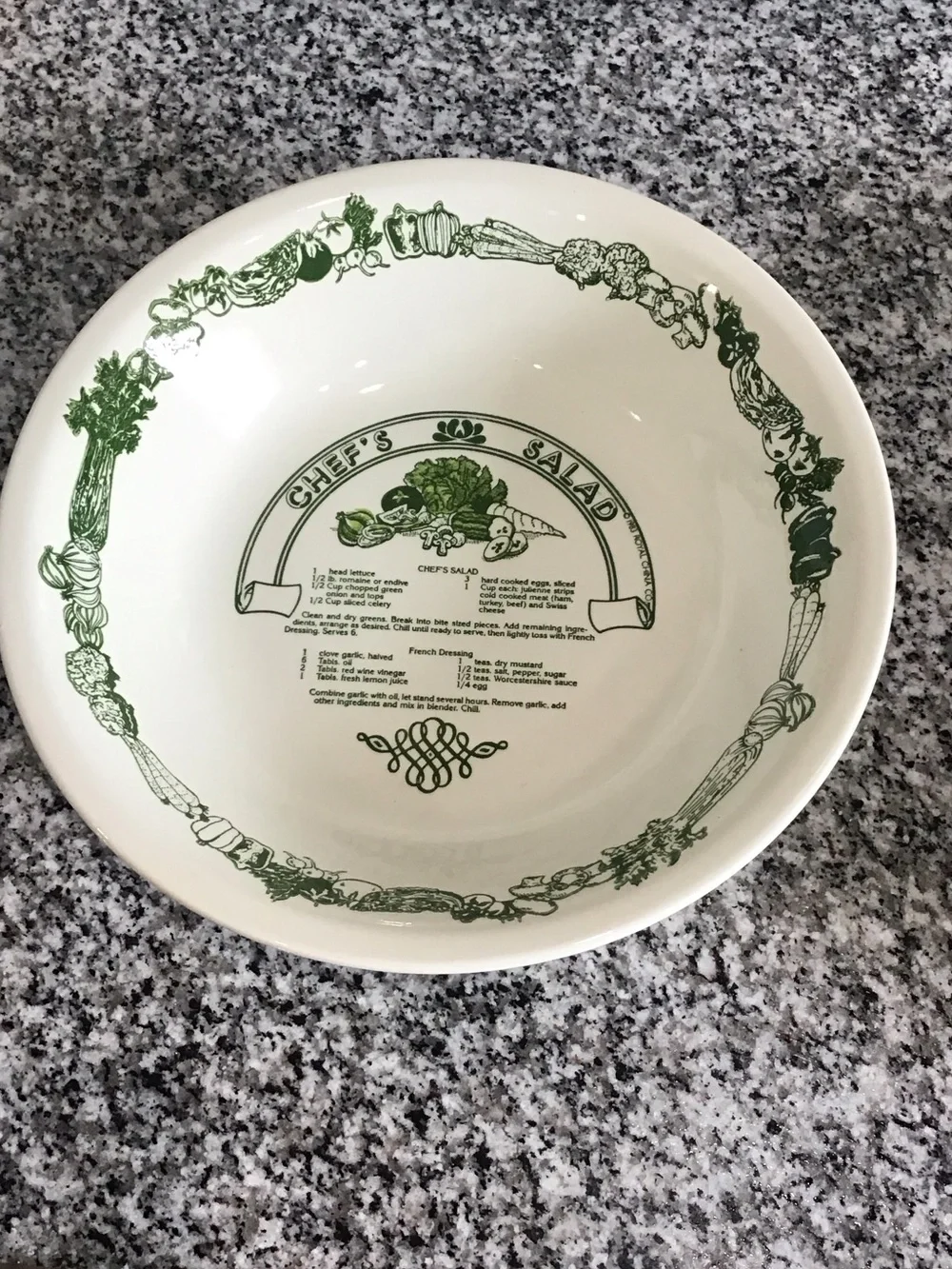 Vintage White Ceramic Salad Bowl with Green Chef's Design